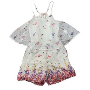 Honey Chiffon Overlay Floral Print Romper-White/Pink, Sz Small Juniors